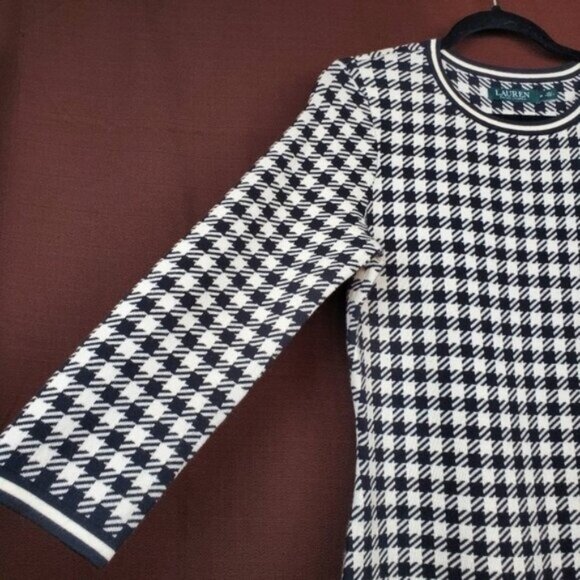 Lauren Ralph Lauren Womens Ivory Black Checkered Plaid Knit Sweater Dress Size M - Picture 6 of 9
